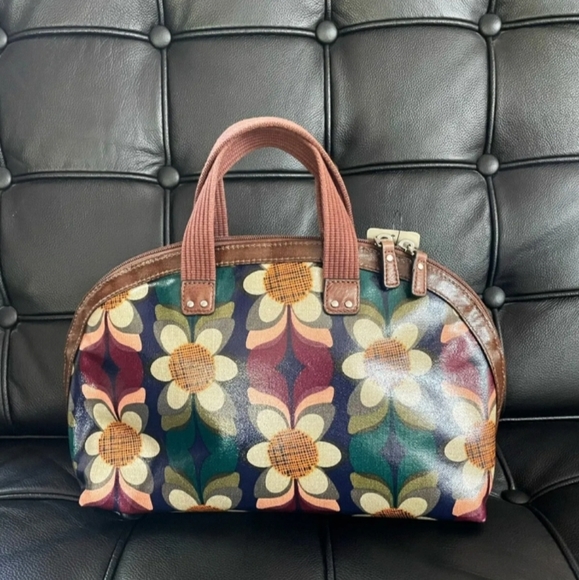 Fossil White Blue Orange Flower Purple Tote Bag Leather Trim 💜 - Picture 3 of 10